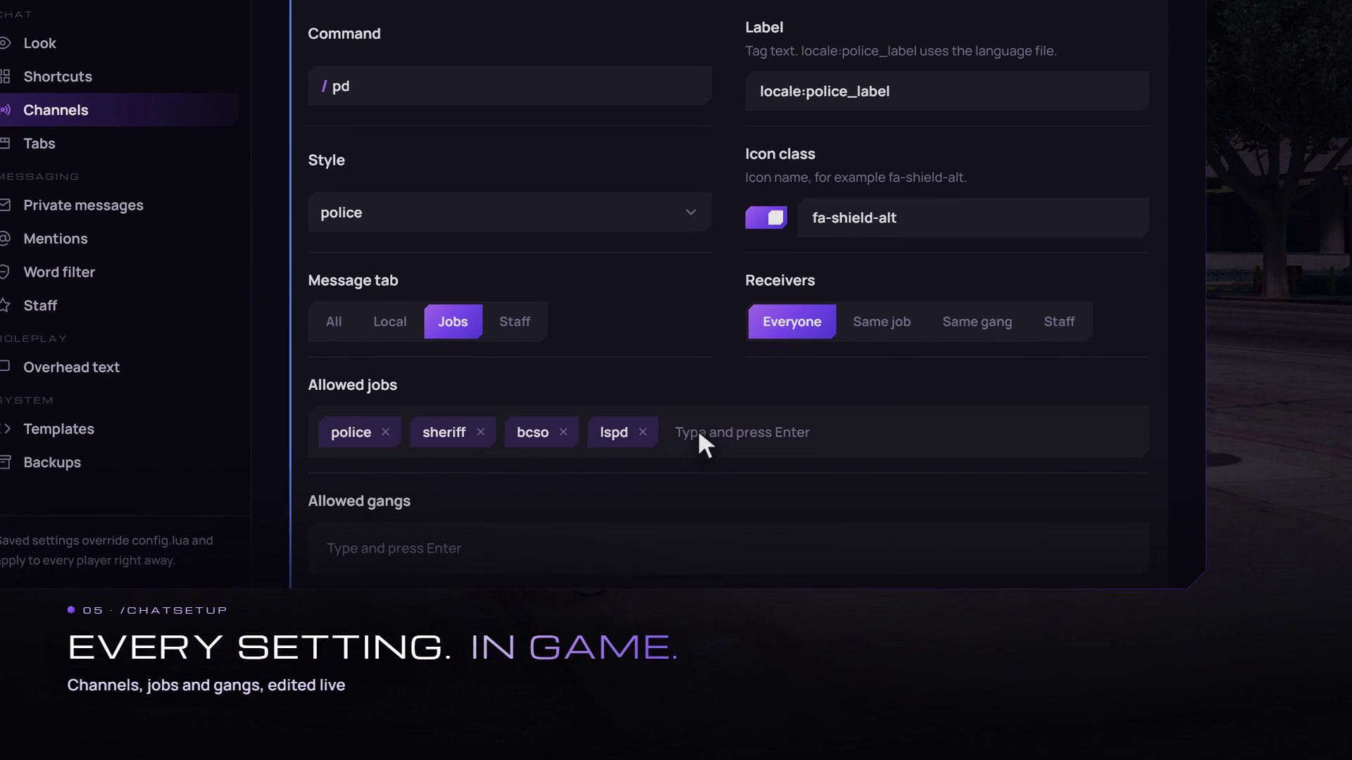 /chatsetup: every setting, live